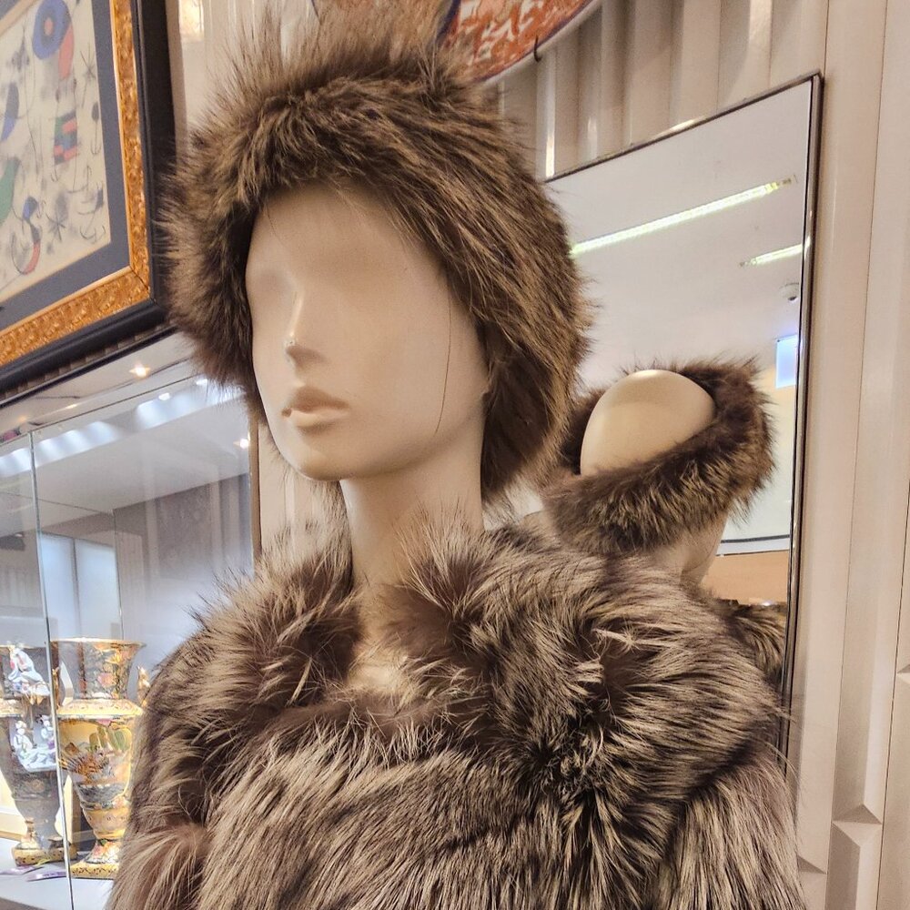Custom-Made Real Silver Fox Fur Coat and Matching Trapper Hat Set
